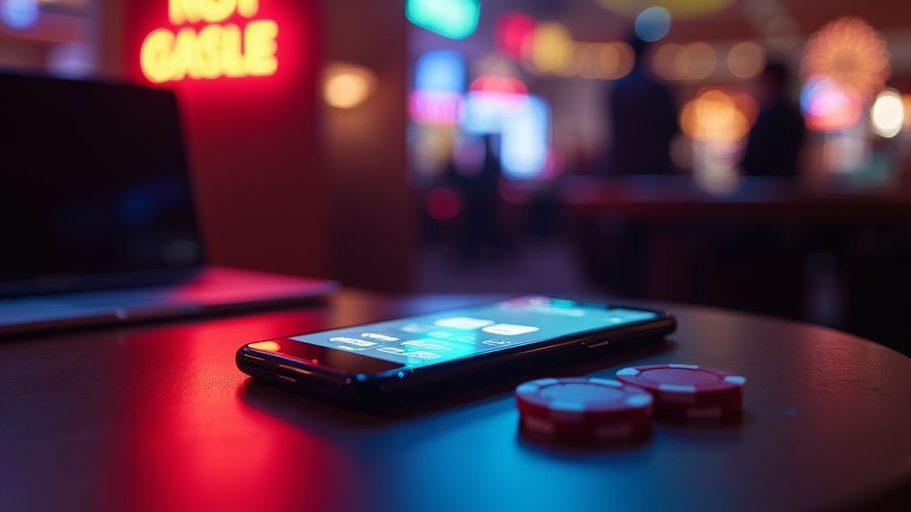 Smartphone mit Download-Oberfläche in einer dunklen Casino-Umgebung